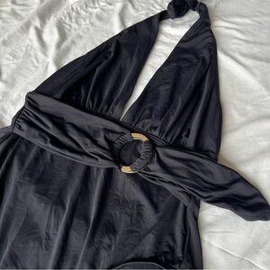 Kate Spade Swimsuit Belted Plunging Halter Black One Piece XLarge Beach Resort